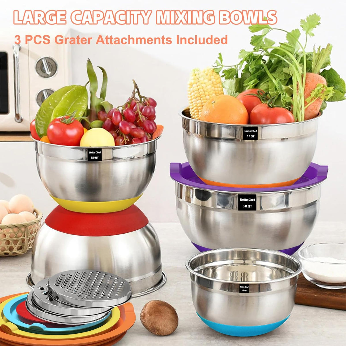 Mixing Bowls with Airtight Lids Set, 8PCS Stainless Steel Nesting Bowls Set, 3 Grater Attachments & Non-Slip Bottoms, Size 5, 4, 3.5, 2, 1.5QT for Baking & Mixing(Black)