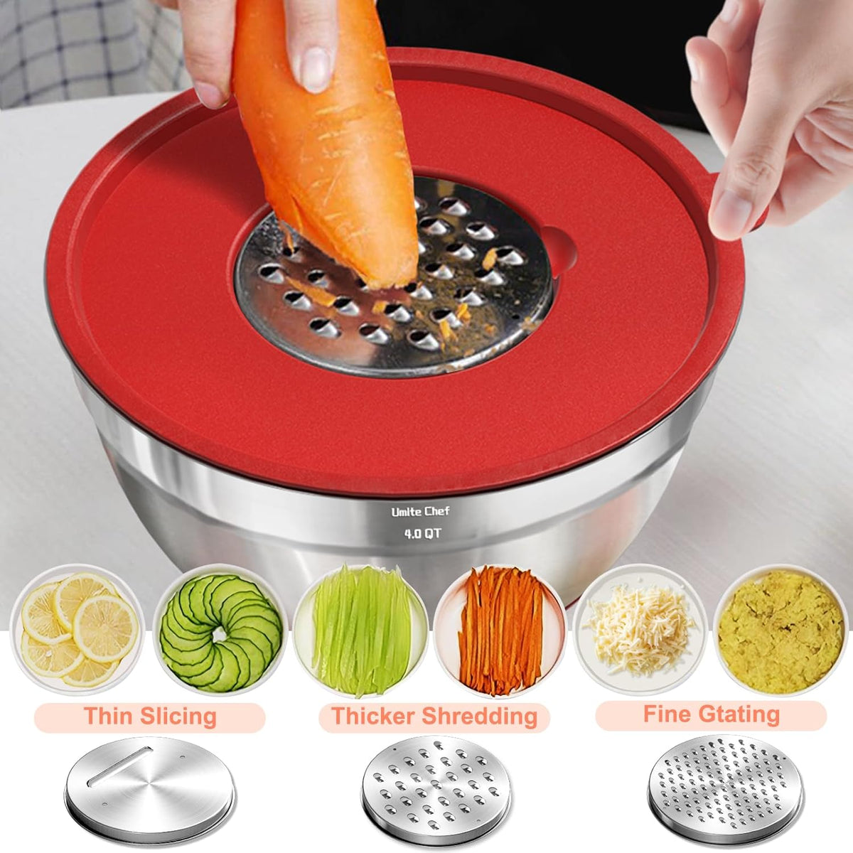 Mixing Bowls with Airtight Lids Set, 8PCS Stainless Steel Nesting Bowls Set, 3 Grater Attachments & Non-Slip Bottoms, Size 5, 4, 3.5, 2, 1.5QT for Baking & Mixing(Black)