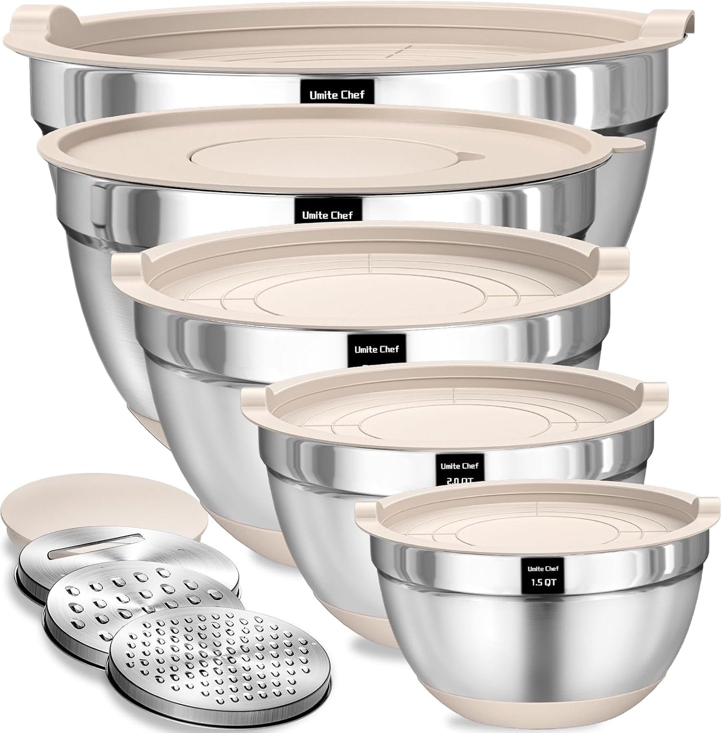 Mixing Bowls with Airtight Lids Set, 8PCS Stainless Steel Nesting Bowls Set, 3 Grater Attachments & Non-Slip Bottoms, Size 5, 4, 3.5, 2, 1.5QT for Baking & Mixing(Black)
