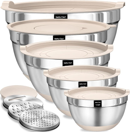 Mixing Bowls with Airtight Lids Set, 8PCS Stainless Steel Nesting Bowls Set, 3 Grater Attachments & Non-Slip Bottoms, Size 5, 4, 3.5, 2, 1.5QT for Baking & Mixing(Black)