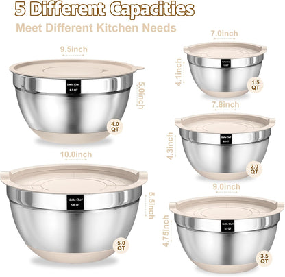 Mixing Bowls with Airtight Lids Set, 8PCS Stainless Steel Nesting Bowls Set, 3 Grater Attachments & Non-Slip Bottoms, Size 5, 4, 3.5, 2, 1.5QT for Baking & Mixing(Black)