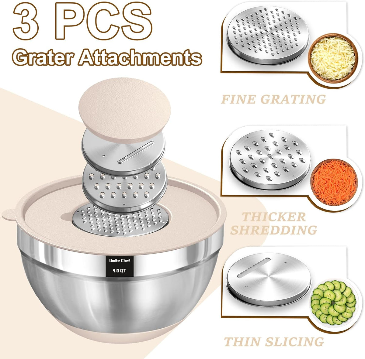 Mixing Bowls with Airtight Lids Set, 8PCS Stainless Steel Nesting Bowls Set, 3 Grater Attachments & Non-Slip Bottoms, Size 5, 4, 3.5, 2, 1.5QT for Baking & Mixing(Black)