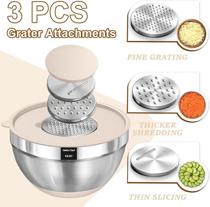 Mixing Bowls with Airtight Lids Set, 8PCS Stainless Steel Nesting Bowls Set, 3 Grater Attachments & Non-Slip Bottoms, Size 5, 4, 3.5, 2, 1.5QT for Baking & Mixing(Black)