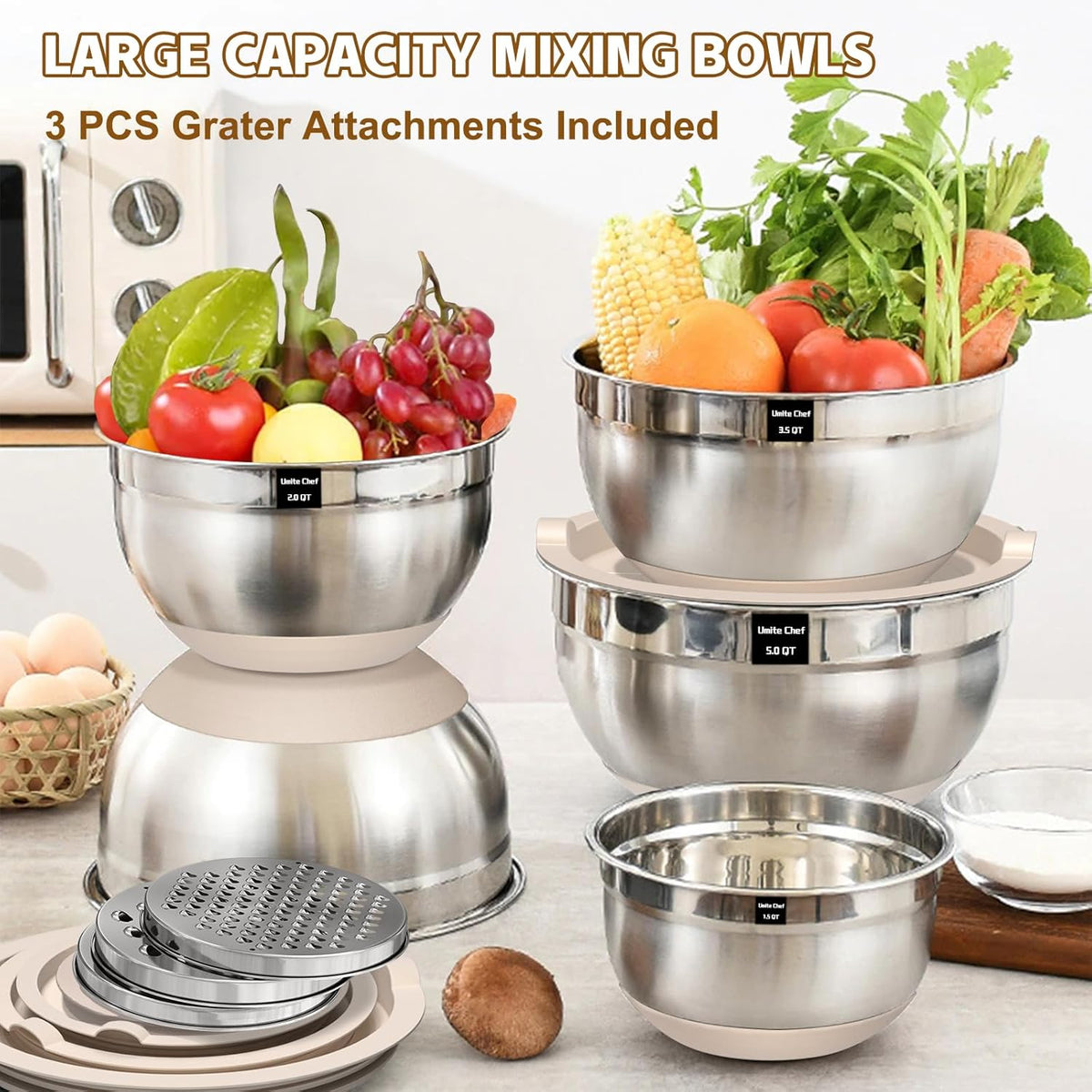 Mixing Bowls with Airtight Lids Set, 8PCS Stainless Steel Nesting Bowls Set, 3 Grater Attachments & Non-Slip Bottoms, Size 5, 4, 3.5, 2, 1.5QT for Baking & Mixing(Black)