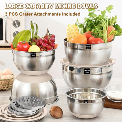 Mixing Bowls with Airtight Lids Set, 8PCS Stainless Steel Nesting Bowls Set, 3 Grater Attachments & Non-Slip Bottoms, Size 5, 4, 3.5, 2, 1.5QT for Baking & Mixing(Black)