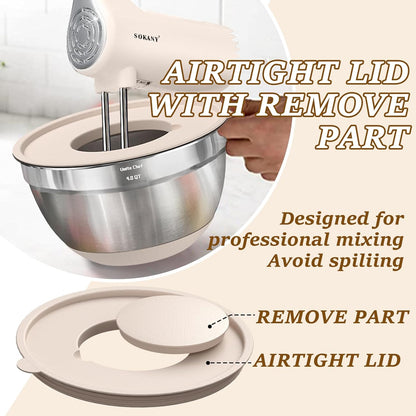Mixing Bowls with Airtight Lids Set, 8PCS Stainless Steel Nesting Bowls Set, 3 Grater Attachments & Non-Slip Bottoms, Size 5, 4, 3.5, 2, 1.5QT for Baking & Mixing(Black)