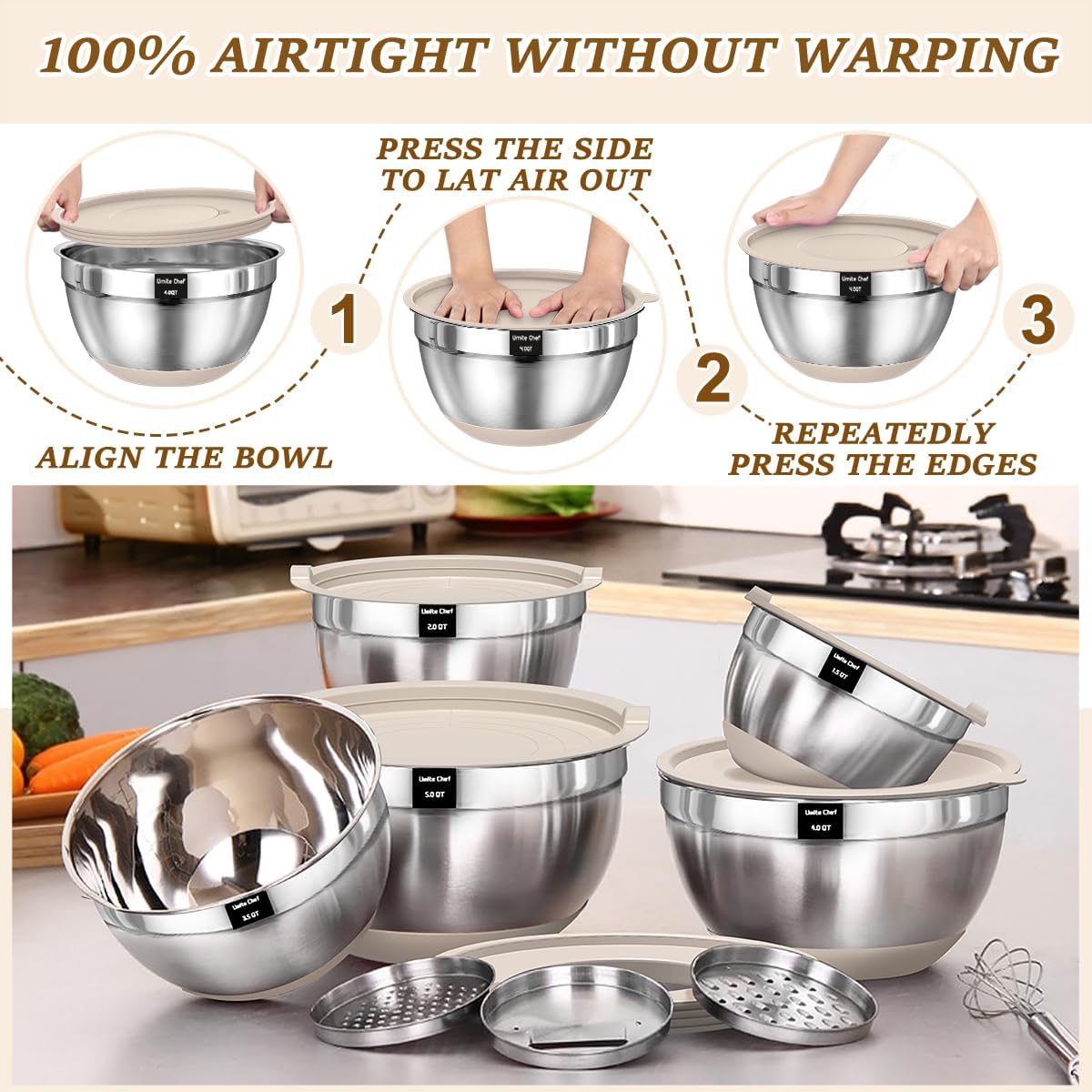 Mixing Bowls with Airtight Lids Set, 8PCS Stainless Steel Nesting Bowls Set, 3 Grater Attachments & Non-Slip Bottoms, Size 5, 4, 3.5, 2, 1.5QT for Baking & Mixing(Black)