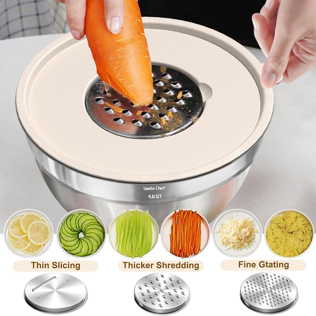 Mixing Bowls with Airtight Lids Set, 8PCS Stainless Steel Nesting Bowls Set, 3 Grater Attachments & Non-Slip Bottoms, Size 5, 4, 3.5, 2, 1.5QT for Baking & Mixing(Black)