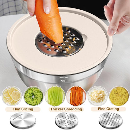 Mixing Bowls with Airtight Lids Set, 8PCS Stainless Steel Nesting Bowls Set, 3 Grater Attachments & Non-Slip Bottoms, Size 5, 4, 3.5, 2, 1.5QT for Baking & Mixing(Black)