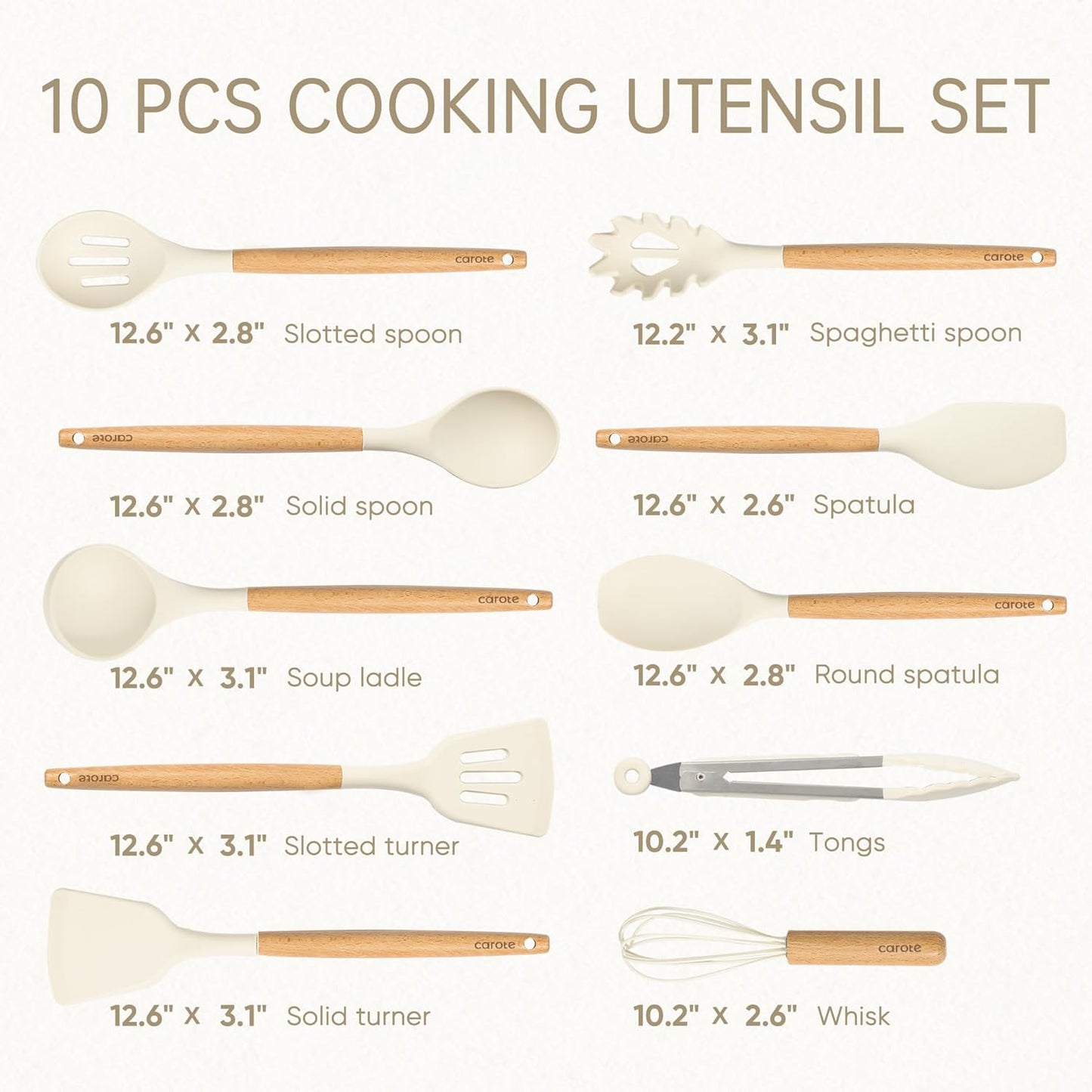 Silicone Cooking Utensils Set, Kitchen Utensils Set 10 Pcs for cooking, BPA Free Spatula Set with Heat Resistant Wood Handles for Nonstick Cookware (Cream White)