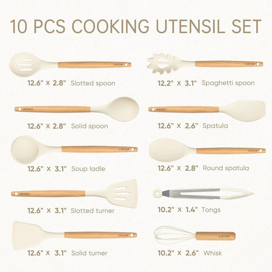 Silicone Cooking Utensils Set, Kitchen Utensils Set 10 Pcs for cooking, BPA Free Spatula Set with Heat Resistant Wood Handles for Nonstick Cookware (Cream White)