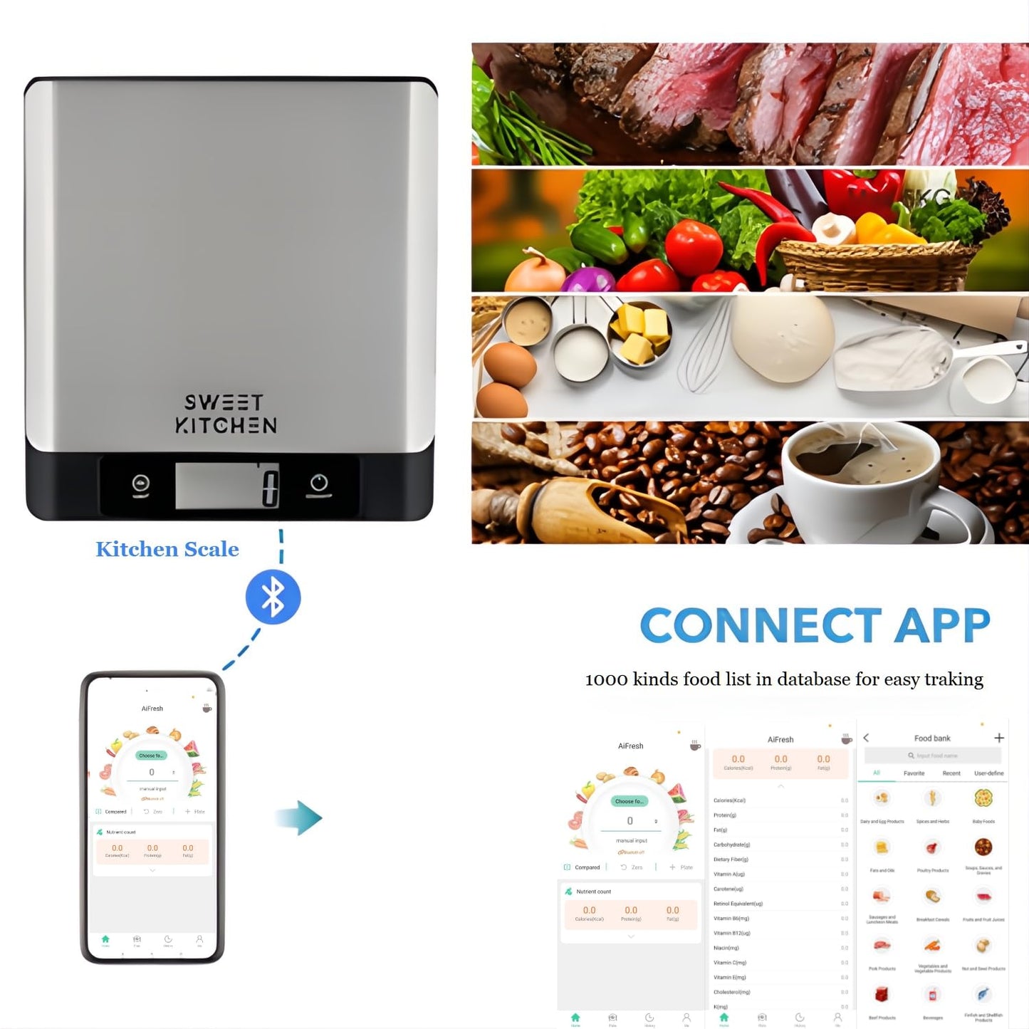 Smart Food Scale for Kitchen,Digital Food Scale with Nutritional Calculator, 24 Nutrients Tracking for Weight Loss, Connect to Smartphone App Android and iOS, Stainless Steel 11lb max