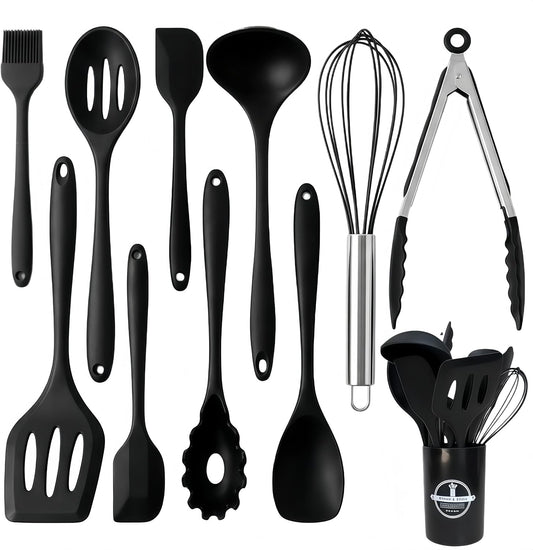 Silicone Kitchen Utensils Set,10 PCS Cooking Kitchen Utensils Set, Nonstick Kitchen Utensils 446°F Heat-Resistant Cookware Kitchen Tools of Spoon,Brush,Whisk,Spatula,Turner Tongs(Black)