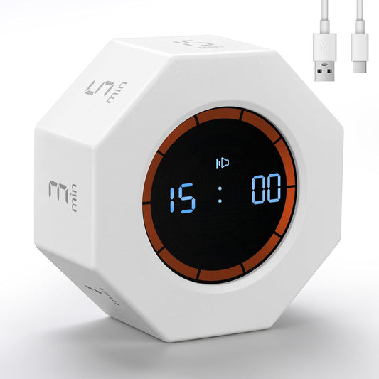 Rechargeable Pomodoro Timer, Small Gravity Timer (Pearl White) | Seven Preset Flip Times (1/3/5/15/30/60/90 min) and Count-Up Mode: Digital Kitchen Timer for Cooking, Work, and Study