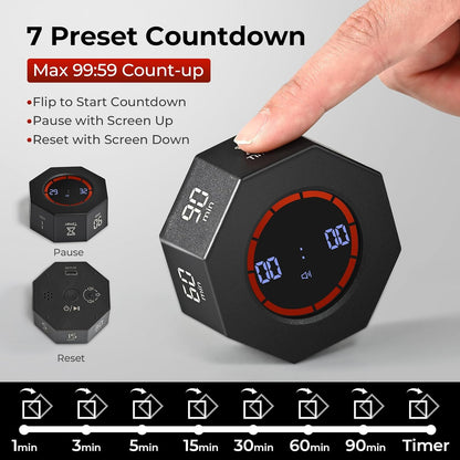 Rechargeable Pomodoro Timer, Small Gravity Timer (Pearl White) | Seven Preset Flip Times (1/3/5/15/30/60/90 min) and Count-Up Mode: Digital Kitchen Timer for Cooking, Work, and Study