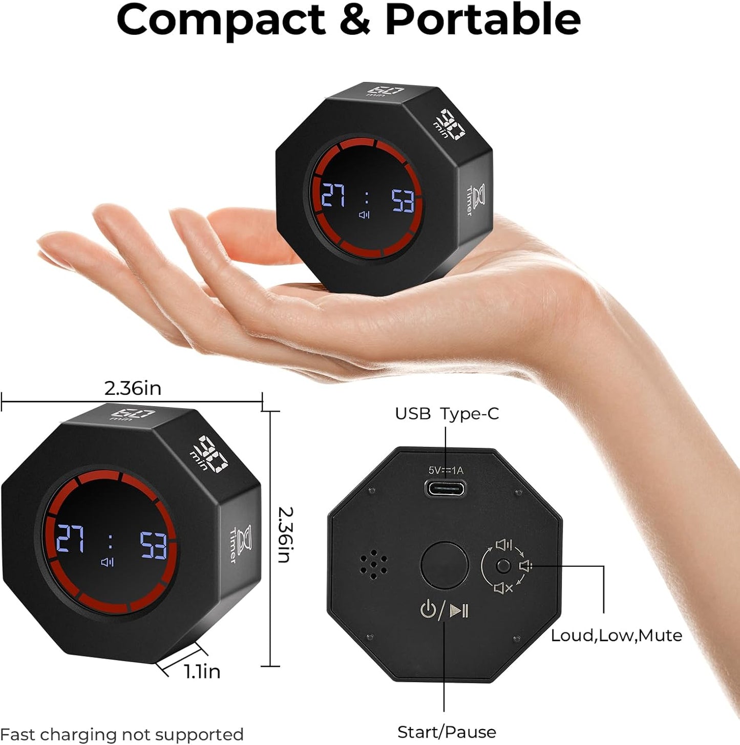 Rechargeable Pomodoro Timer, Small Gravity Timer (Pearl White) | Seven Preset Flip Times (1/3/5/15/30/60/90 min) and Count-Up Mode: Digital Kitchen Timer for Cooking, Work, and Study