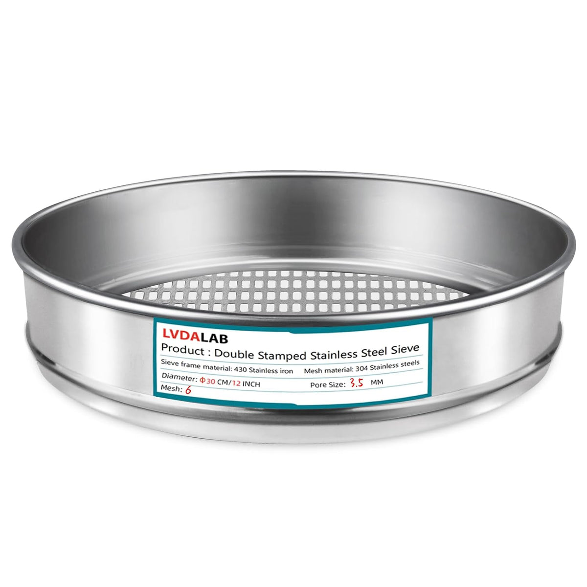12" (30cm) 304 Stainless Steel Lab Sieve, 6 Mesh (3.5mm) Screen Sifter - Colors A