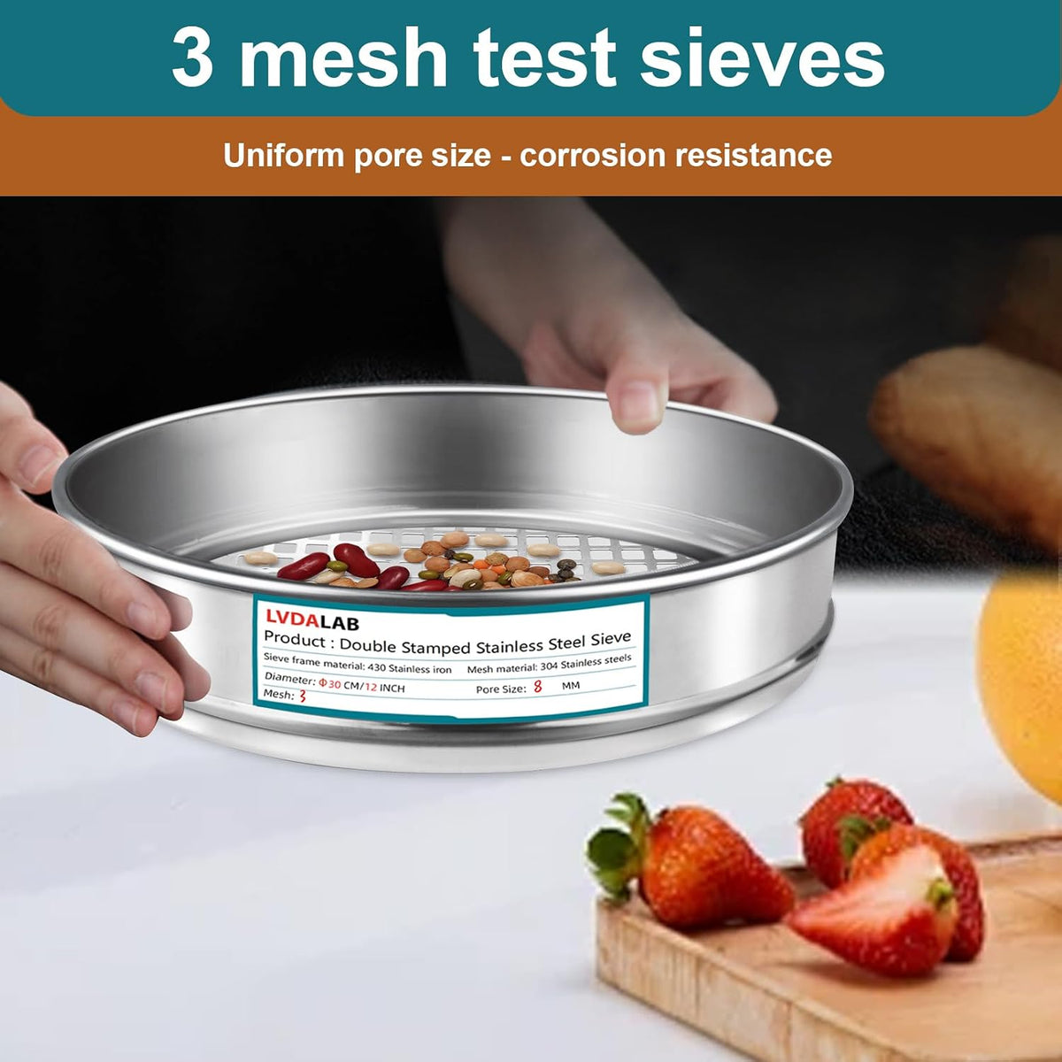 12" (30cm) 304 Stainless Steel Lab Sieve, 6 Mesh (3.5mm) Screen Sifter - Colors A