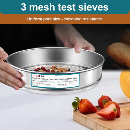 12" (30cm) 304 Stainless Steel Lab Sieve, 6 Mesh (3.5mm) Screen Sifter - Colors A