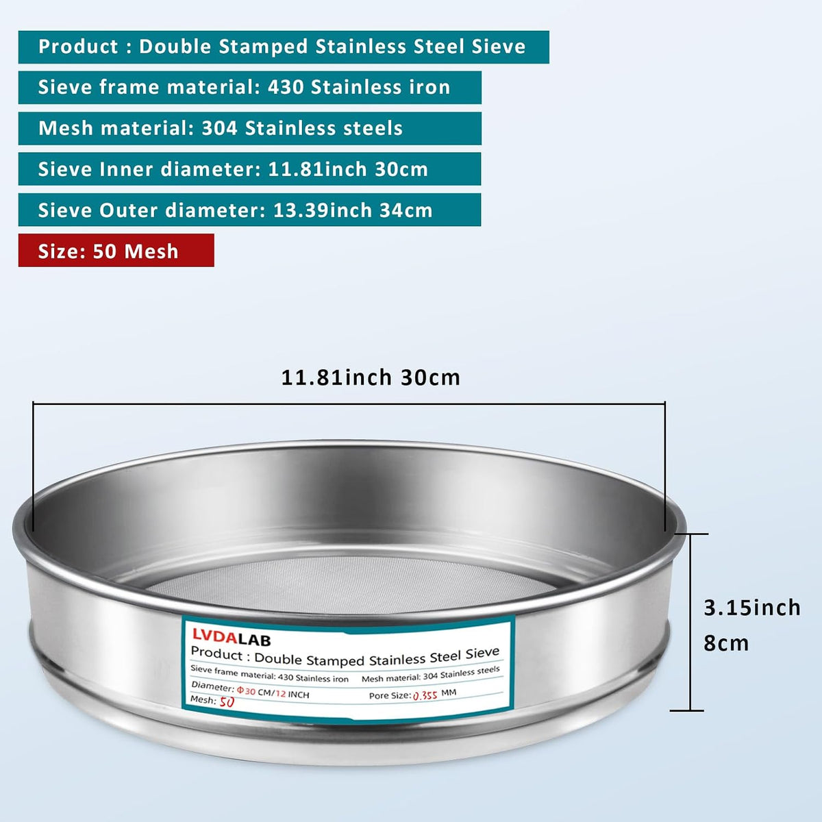 12" (30cm) 304 Stainless Steel Lab Sieve, 6 Mesh (3.5mm) Screen Sifter - Colors A