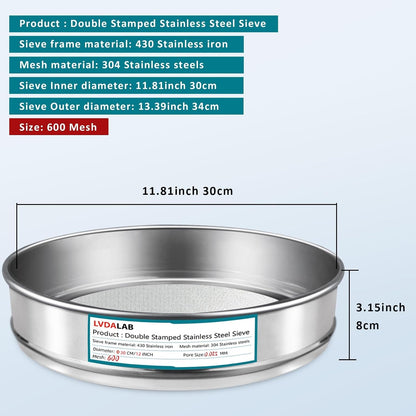 12" (30cm) 304 Stainless Steel Lab Sieve, 6 Mesh (3.5mm) Screen Sifter - Colors A