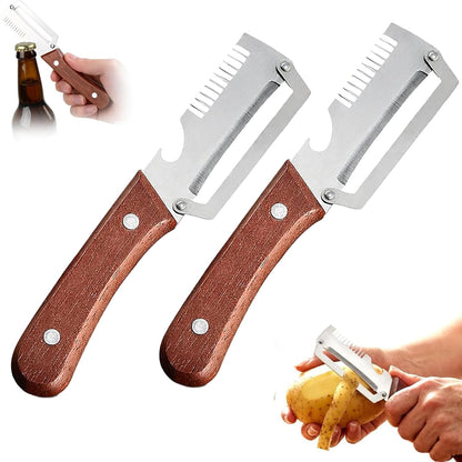 NEW Premium Vegetable Peeler with Wooden Handle and Bottle Opener: 2-in-1 Stainless Steel Kitchen Tool for Fruit Apple Potato Pumpkin Papaya