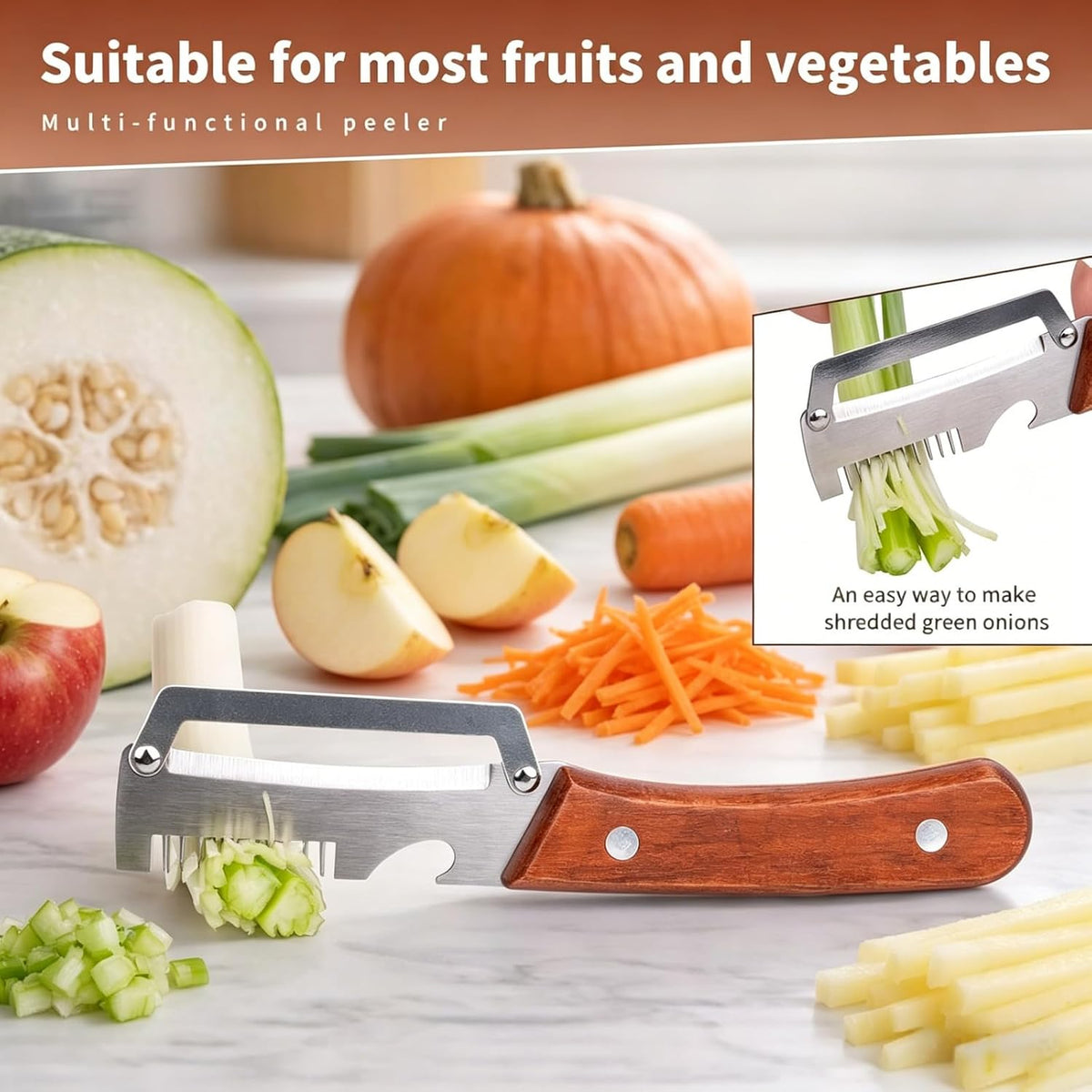 NEW Premium Vegetable Peeler with Wooden Handle and Bottle Opener: 2-in-1 Stainless Steel Kitchen Tool for Fruit Apple Potato Pumpkin Papaya
