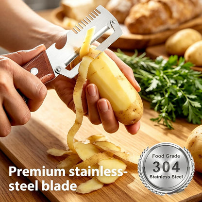 NEW Premium Vegetable Peeler with Wooden Handle and Bottle Opener: 2-in-1 Stainless Steel Kitchen Tool for Fruit Apple Potato Pumpkin Papaya