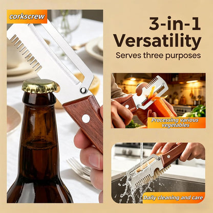 NEW Premium Vegetable Peeler with Wooden Handle and Bottle Opener: 2-in-1 Stainless Steel Kitchen Tool for Fruit Apple Potato Pumpkin Papaya