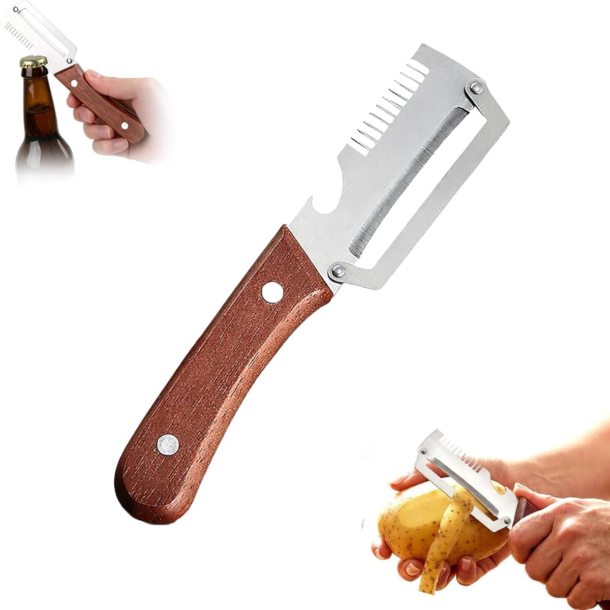 NEW Premium Vegetable Peeler with Wooden Handle and Bottle Opener: 2-in-1 Stainless Steel Kitchen Tool for Fruit Apple Potato Pumpkin Papaya