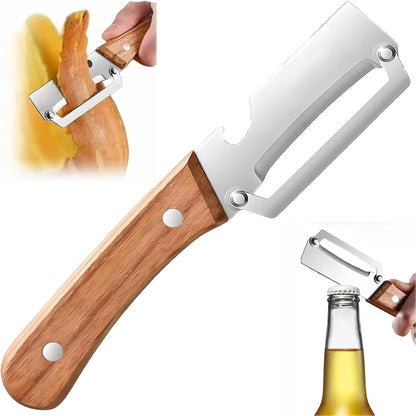 NEW Premium Vegetable Peeler with Wooden Handle and Bottle Opener: 2-in-1 Stainless Steel Kitchen Tool for Fruit Apple Potato Pumpkin Papaya