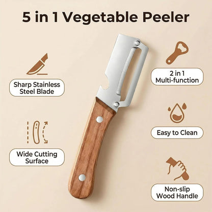 NEW Premium Vegetable Peeler with Wooden Handle and Bottle Opener: 2-in-1 Stainless Steel Kitchen Tool for Fruit Apple Potato Pumpkin Papaya