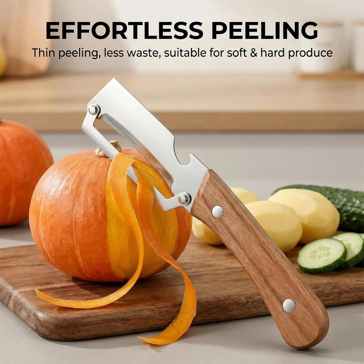 NEW Premium Vegetable Peeler with Wooden Handle and Bottle Opener: 2-in-1 Stainless Steel Kitchen Tool for Fruit Apple Potato Pumpkin Papaya