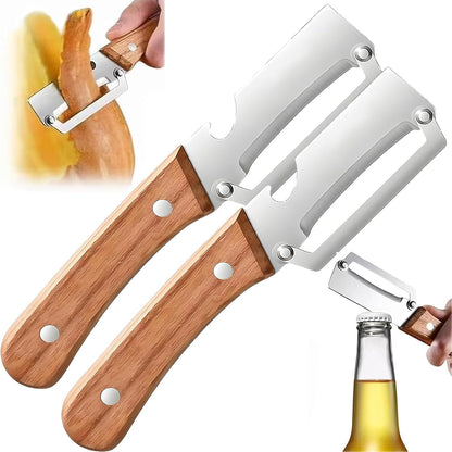 NEW Premium Vegetable Peeler with Wooden Handle and Bottle Opener: 2-in-1 Stainless Steel Kitchen Tool for Fruit Apple Potato Pumpkin Papaya