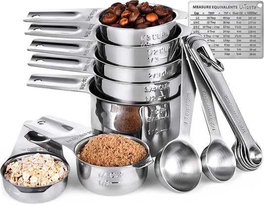 Measuring Cups and Spoons Set of 15, 2 D-Rings & 1 Conversion Chart | 18/8 Stainless Steel Teaspoon Tablespoon, Stackable Metal Measuring Set, Magnetic Measure Chart, Kitchen Baking Cooking Food