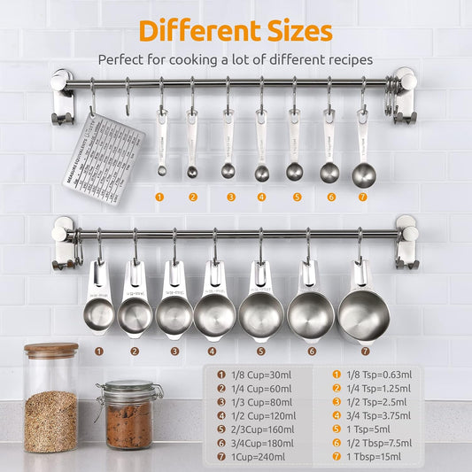 Measuring Cups and Spoons Set of 15, 2 D-Rings & 1 Conversion Chart | 18/8 Stainless Steel Teaspoon Tablespoon, Stackable Metal Measuring Set, Magnetic Measure Chart, Kitchen Baking Cooking Food