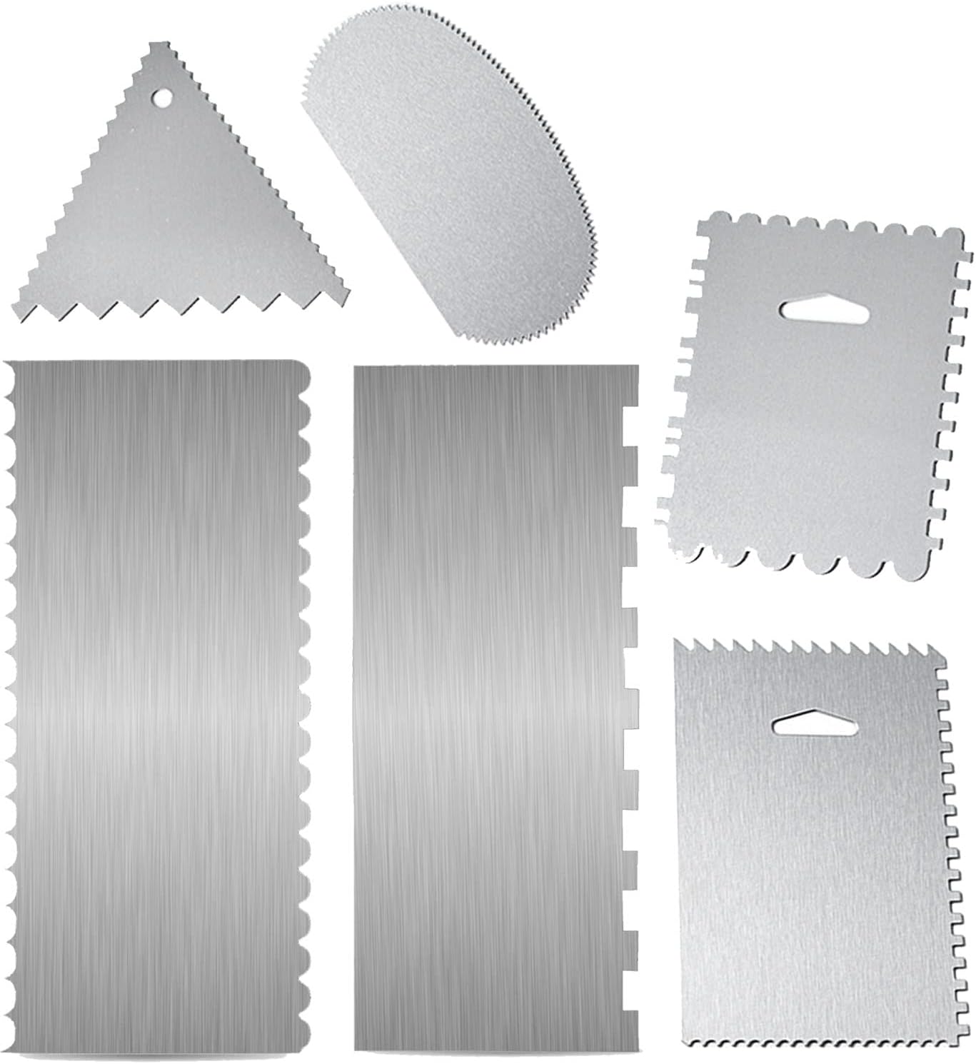 6 Pieces Stainless-Steel Cake Scraper Set, Double Sided Patterned Comb Metal Scraper 9 Inch, Edge Stripe Edge Baking Tools Smoother Scraper for Mousse Butter Cream Cake Decoration