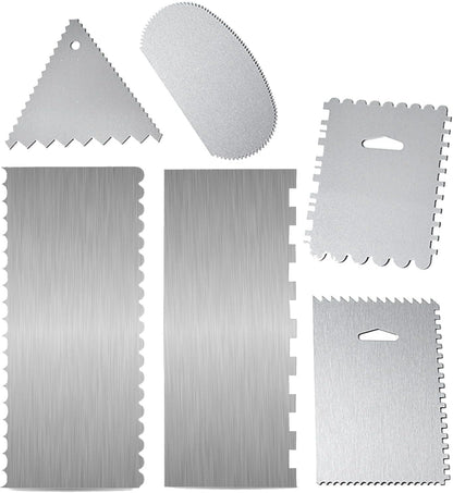6 Pieces Stainless-Steel Cake Scraper Set, Double Sided Patterned Comb Metal Scraper 9 Inch, Edge Stripe Edge Baking Tools Smoother Scraper for Mousse Butter Cream Cake Decoration