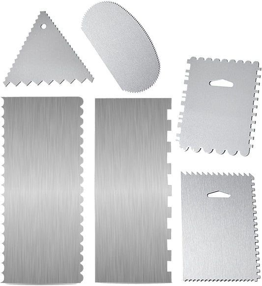6 Pieces Stainless-Steel Cake Scraper Set, Double Sided Patterned Comb Metal Scraper 9 Inch, Edge Stripe Edge Baking Tools Smoother Scraper for Mousse Butter Cream Cake Decoration