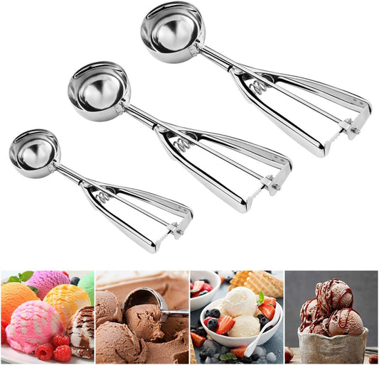 Cookie Scoop Set of 3 Ice Cream Scoop With Trigger 18/8 Stainless Steel Ice Cream Scooper Cookie Scoops for Baking Meatball scoop Melon Baller Fruit Scoop Include Large-Medium-Small Size