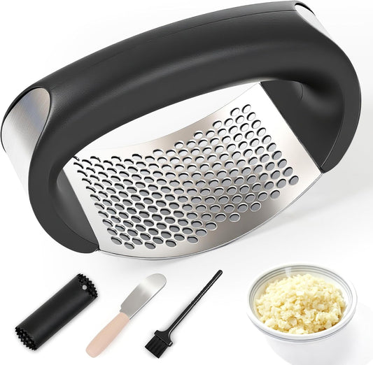 Stainless Steel Garlic Press Rocker Set (Black) - Includes Silicone Peeler and Cleaning Brush for Effortless Garlic Mincing