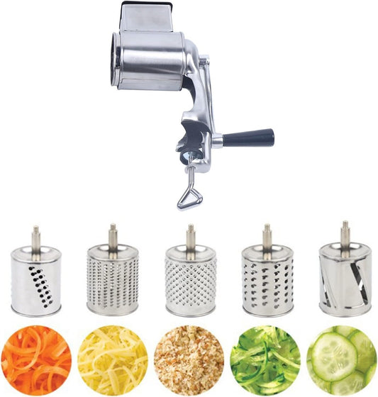 5 in 1 Stainless Steel Rotary Grater,Kitchen Grater Vegetable Slicer,Cheese Rotary Chopper Food Mills With 5 Stainless Drum,for Home Kitchen Restaurant (Clamping type,Silver)