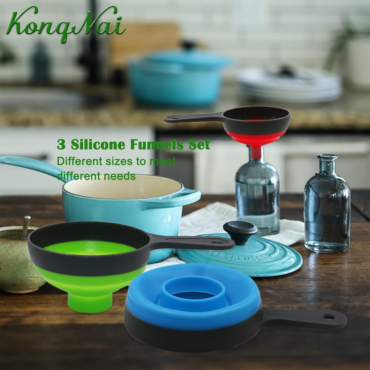 Canning Funnel for Wide and Regular Jars，Wide Mouth Funnels Sets of 3, Large for Mason Jar, Food Grade Collapsible Silicone Kitchen Accessories for Transfer Jam, Juice, Spices and Oil