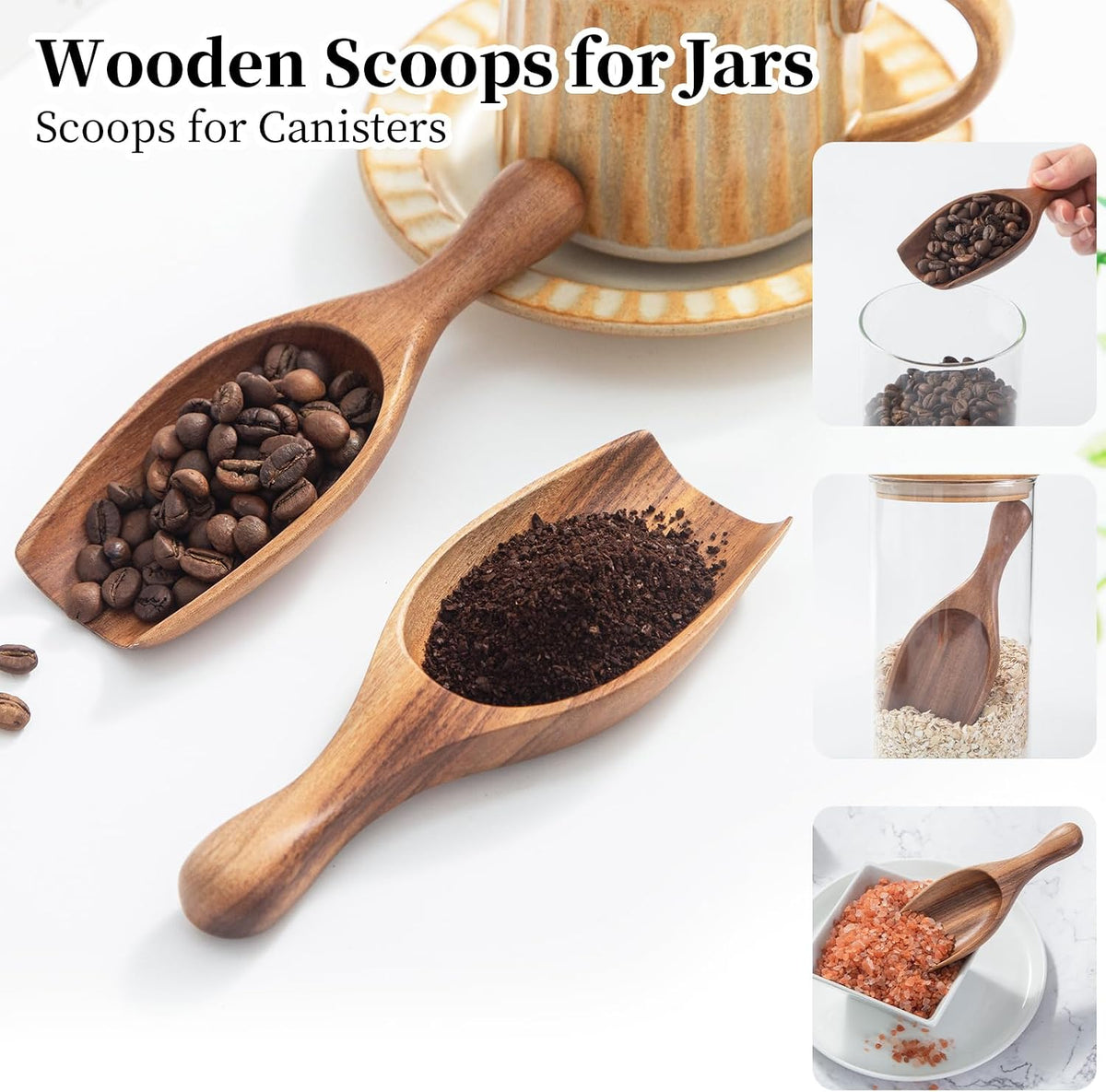 Large Wooden Scoop - 6.3Inches Wood Scoop for Coffee Bean Sugar Tea Powder Bath Salt Laundry Detergent, Multipurpose Kitchen Flour Scoop for Big Jars Canisters