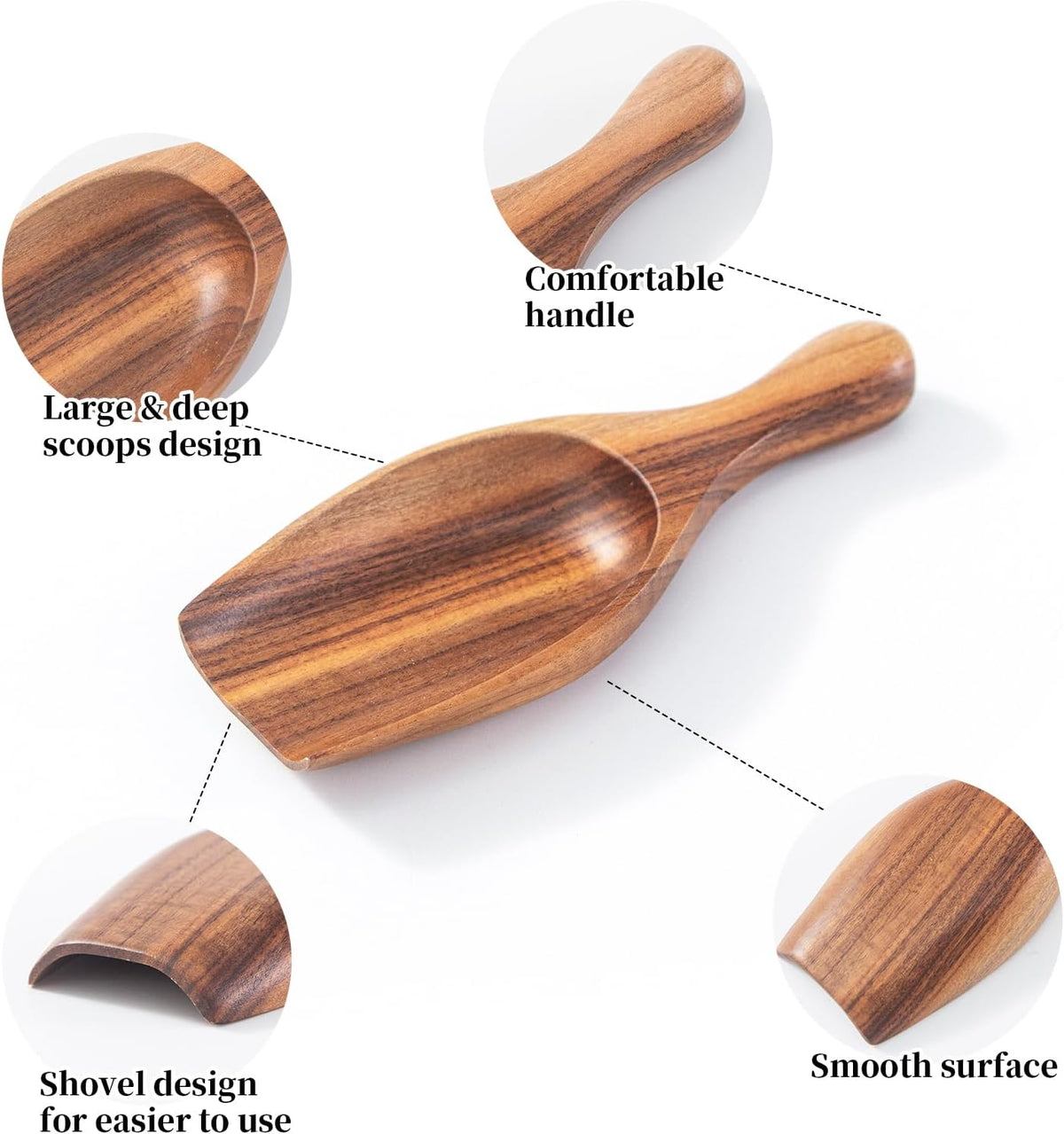 Large Wooden Scoop - 6.3Inches Wood Scoop for Coffee Bean Sugar Tea Powder Bath Salt Laundry Detergent, Multipurpose Kitchen Flour Scoop for Big Jars Canisters