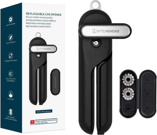Replaceable Can Opener with 2 Extra Blades, Super Sharp Manual Can Opener with Magnet, Smooth Edge Cut Handheld Tin Opener, Large Turning Knob for Seniors & Arthritis, Black