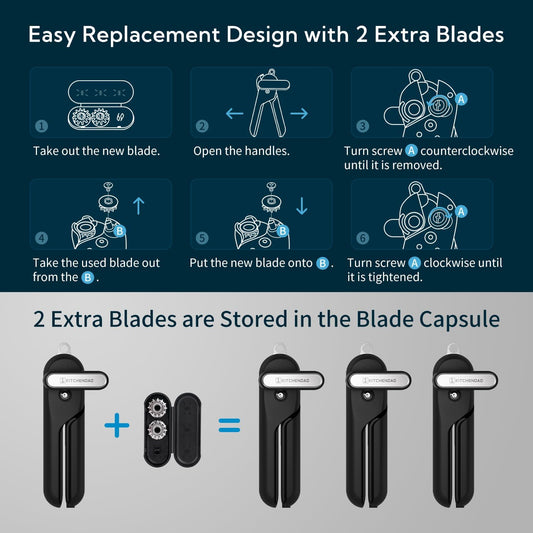 Replaceable Can Opener with 2 Extra Blades, Super Sharp Manual Can Opener with Magnet, Smooth Edge Cut Handheld Tin Opener, Large Turning Knob for Seniors & Arthritis, Black