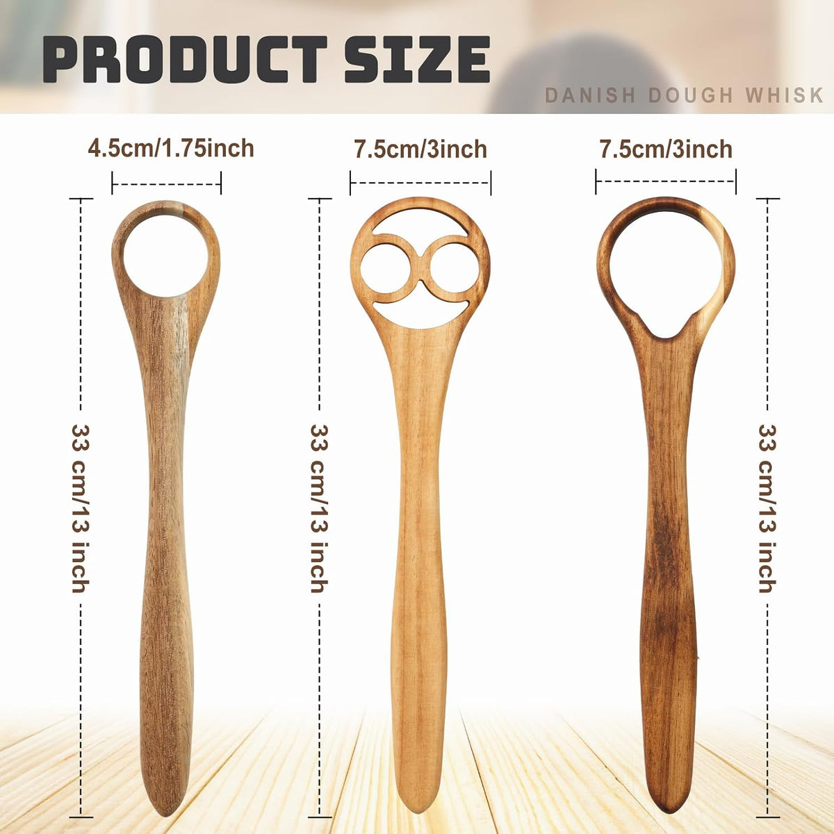 3 Pcs Danish Dough Whisk, 13" Acacia Wood for Pizza Sourdough