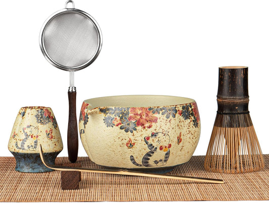 7-Piece Matcha Set，Matcha Bowl & 100-Prong Purple Bamboo Whisk | Intricate Hand-Applied Decal, Bamboo Tea Mat Included, 100-Prong for Creamy Foam, Japanese Tea Ceremony, Matcha Lover Gift