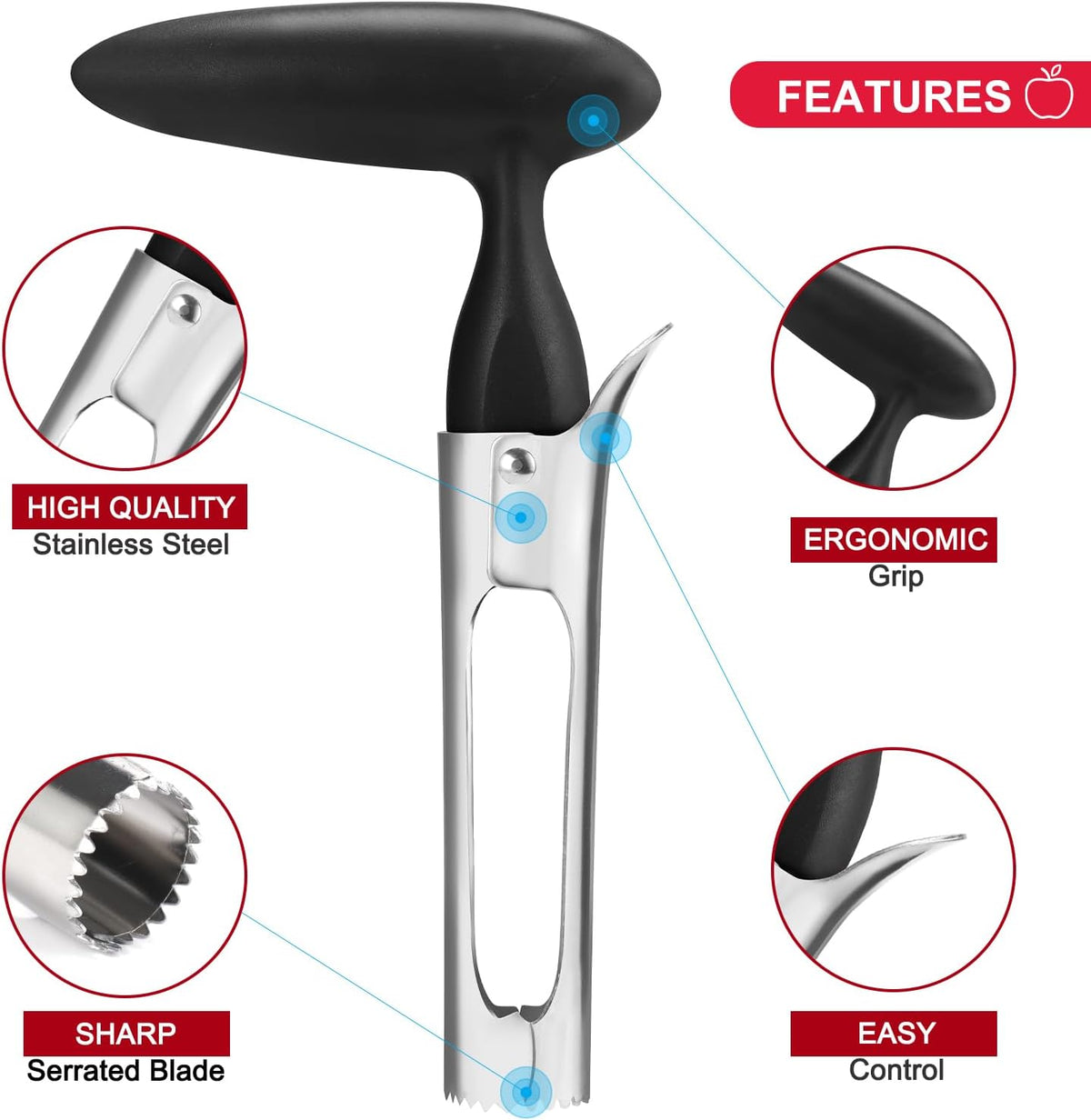 Premium Apple Corer Tool - Easy to Use and Clean - Sturdy Apple Core Remover with Sharp Serrated Blades - Stainless Steel Corers for Apple and Pear - Core Fruits with Ease(Red)